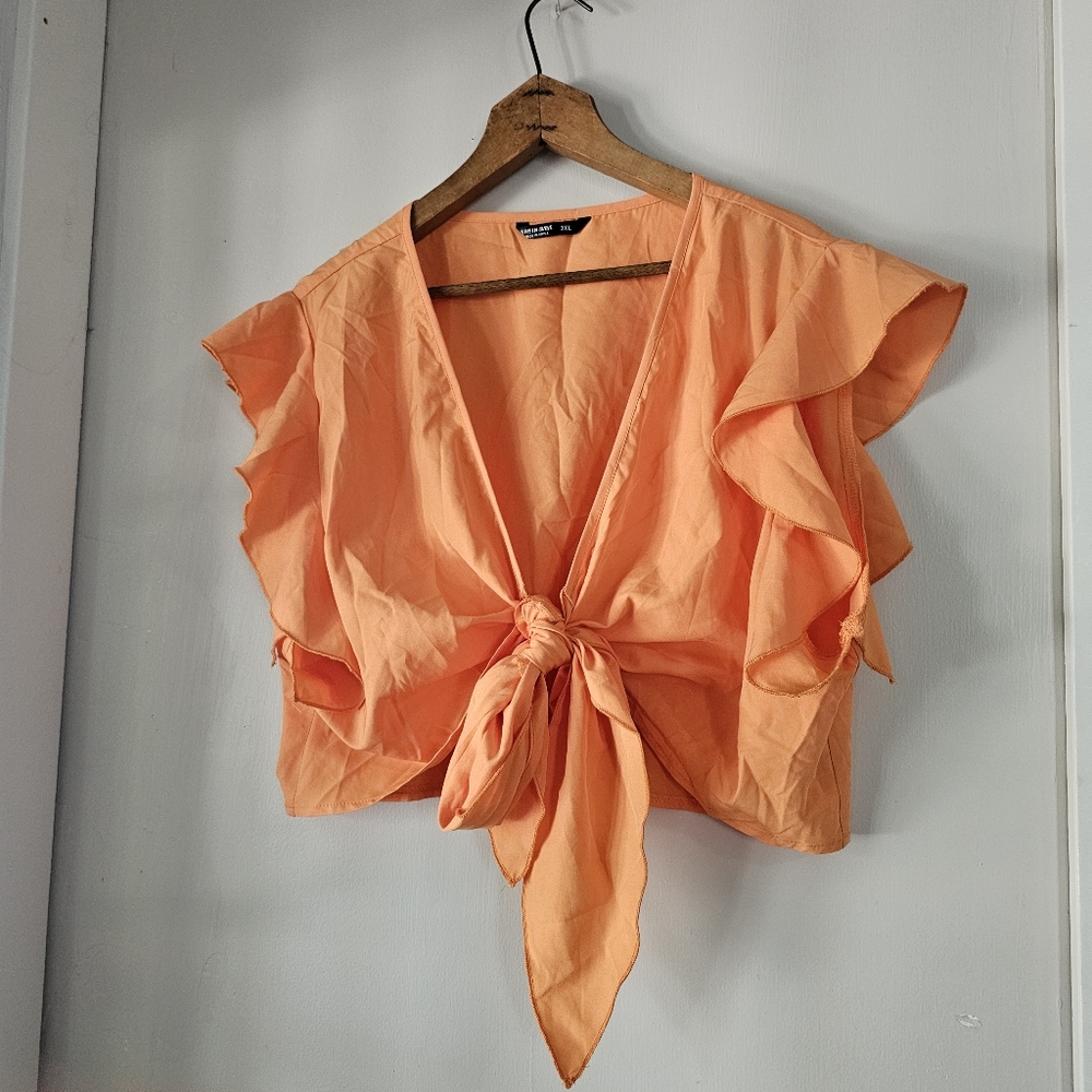 Shein 3X Orange Crop Top Tie Front Ruffle Sleeves Sexy Top